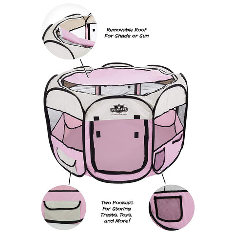 Image of Portable Pop Up Pet Play Pen with carrying bag 38in diameter 24in Pink by PETMAKER